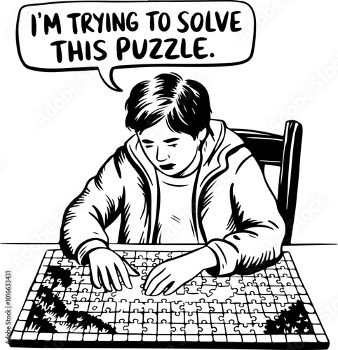 Child Concentrating on Puzzle Solving in Vector Style