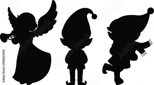Silhouette snow angel and elf illustration, christmas decoration clip art