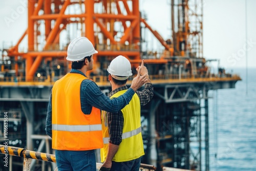 Two workers wearing safety gear on a construction site.