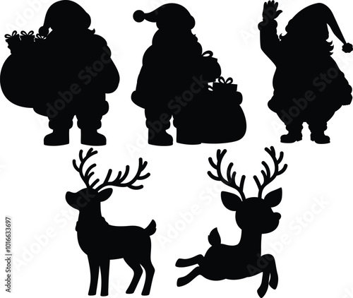 Set of silhouette santa clause and reindeer for christmas decoration clip art