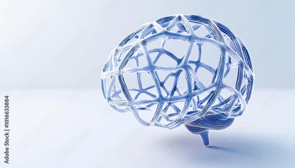 Abstract 3D brain illustration, blue and white, isolated on a light background. Abstract 3D brain illustration, blue and white, isolated on a light background.