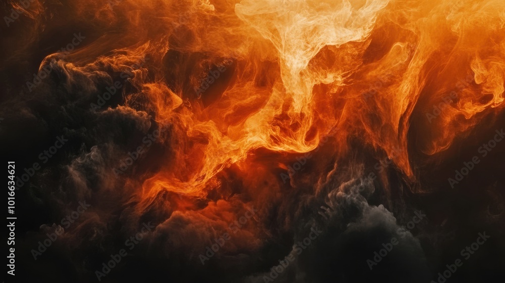 Fototapeta premium A dark background with thick, swirling orange smoke rising dramatically, creating a mysterious and intense atmosphere, captured in ultra-realistic detail