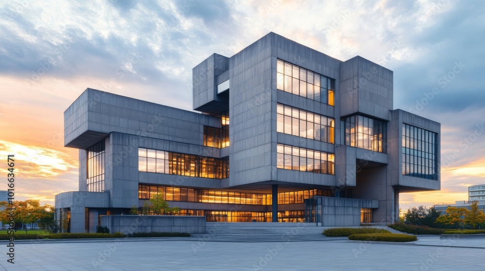 Obraz premium Modern Architecture Building Exterior with Sunset Sky