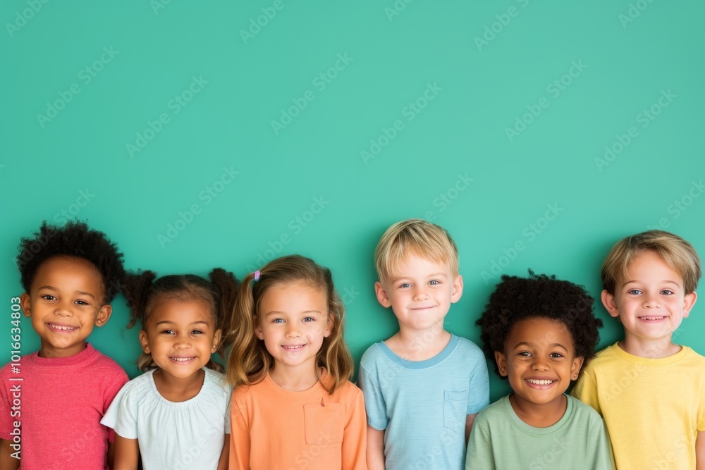 Group of children smiling and looking at camera against green background with copy space Group of children smiling and looking at camera against green background with copy space