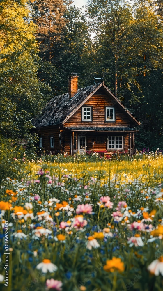 A charming wooden house surrounded by a vibrant flower field, capturing the beauty of nature and tranquility in a serene landscape. A charming wooden house surrounded by a vibrant flower field, capturing the beauty of nature and tranquility in a serene landscape.