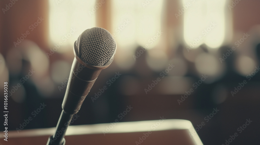 A microphone is on a table in front of a crowd A microphone is on a table in front of a crowd