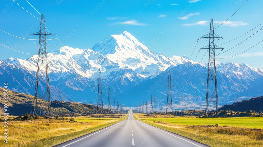 A stunning landscape featuring a road leading to majestic snow-capped mountains under a clear blue sky. A stunning landscape featuring a road leading to majestic snow-capped mountains under a clear blue sky.