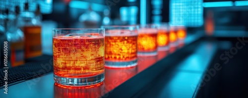 A vibrant row of cocktails glowing with orange hues on a modern bar, creating an inviting atmosphere for nightlife enthusiasts.
