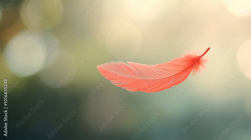 A delicate red feather floating gently through the air, suspended in motion against a soft, blurred background A delicate red feather floating gently through the air, suspended in motion against a soft, blurred background