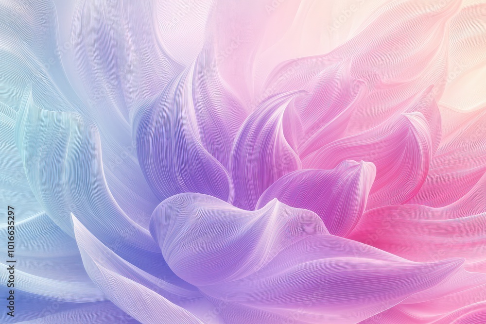 Fototapeta premium An abstract lotus with flowing, wavy lines representing the petals, using soft pastel colors that blend seamlessly into each other, creating a calming effect