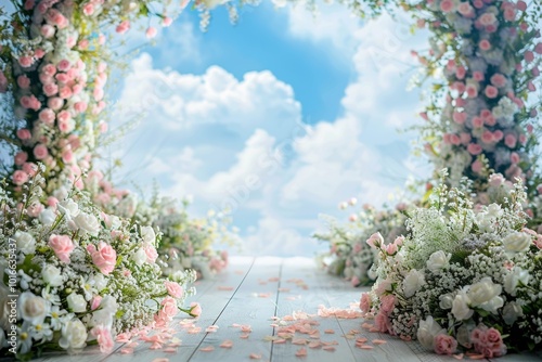 Clouds in the background and a floral garden on each side of a walkway for a wedding