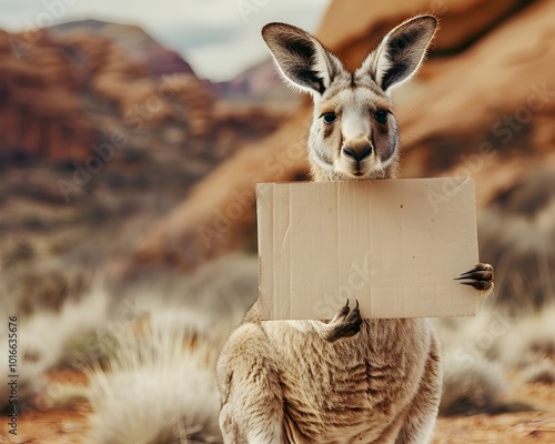 Kangaroo Holds Blank Cardboard Sign in Australian Outback Landscape photo