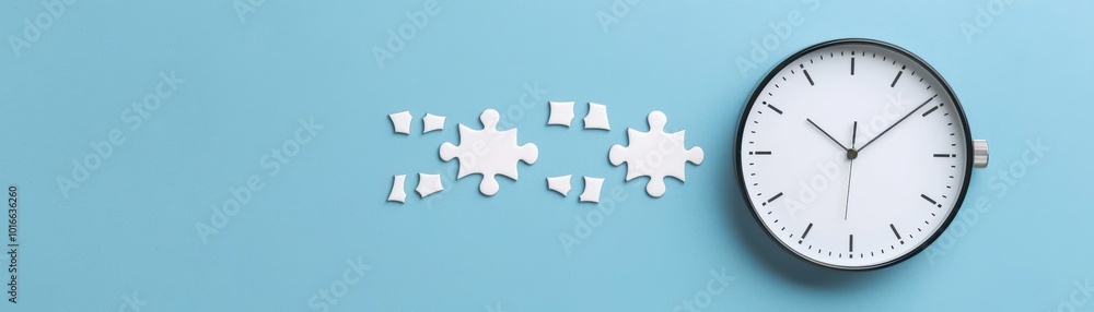 Clock with puzzle pieces on a blue background illustrating time management. Clock with puzzle pieces on a blue background illustrating time management.