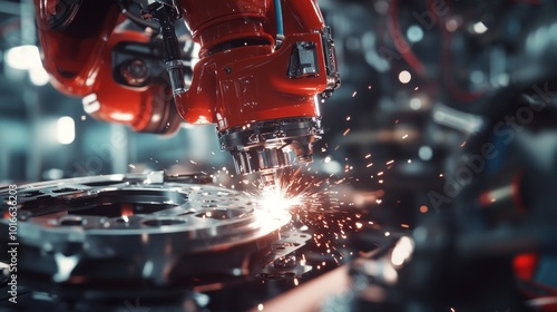 A robotic arm welding metal components, creating sparks in an industrial setting.