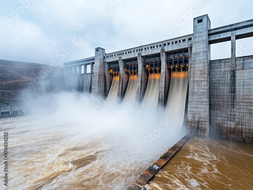 A powerful hydroelectric dam releasing water, showcasing engineering marvels and nature's force in a dynamic landscape.