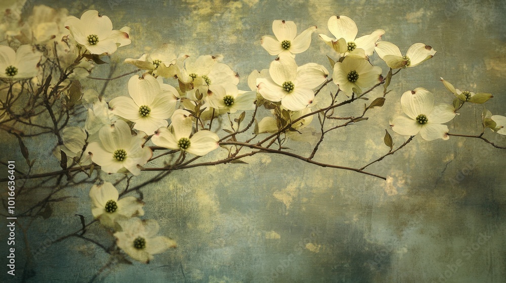 A dogwood tree in full bloom, with clusters of soft white flowers swaying gently in the breeze, set against a tranquil background A dogwood tree in full bloom, with clusters of soft white flowers swaying gently in the breeze, set against a tranquil background