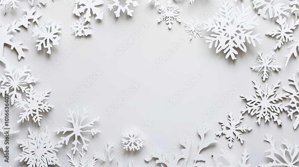 Snowflake paper cutouts scattered on a white background, leaving copy space in the center for holiday messages. Snowflake paper cutouts scattered on a white background, leaving copy space in the center for holiday messages.