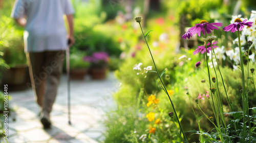 Senior walking with cane through flower-filled hospital garden Copy space