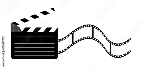 Clapperboard, 35mm film reel vector design isolated on white. 3d filmstrip movie production icon illustration to use for motion picture, television, cinema, film project.