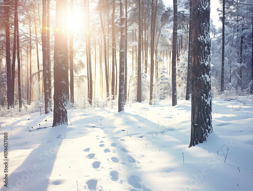 A snow-covered forest with tall pine trees, sunlight peeking through the branches, fresh footprints in the snow leading into the woods, no people visible, peaceful and quiet winter scene