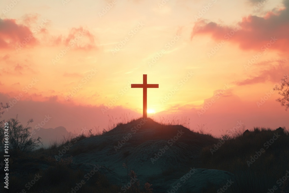 Image of a cross standing tall on the top of a hill as the sun sets in the background. Image of a cross standing tall on the top of a hill as the sun sets in the background.