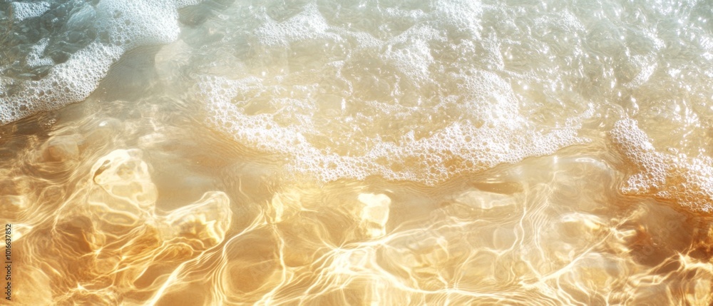 Obraz premium Abstract summer banner background Transparent beige clear water surface texture with ripples and splashes. Water waves in sunlight, top view