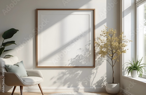 A cozy modern interior with a large wooden square frame on the wall, bathed in natural sunlight, perfect for mockups or decoration ideas.