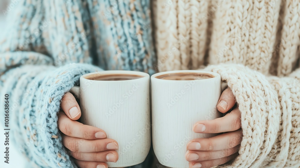 Couple wrapped in cozy blankets, sitting on snowy porch, holding hot cocoa mugs, soft warm light, closeup Couple wrapped in cozy blankets, sitting on snowy porch, holding hot cocoa mugs, soft warm light, closeup