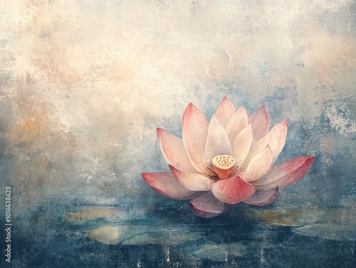 A dreamy abstract lotus, where the petals are painted in soft watercolor hues, fading into a textured, abstract background, evoking a sense of calm and reflection
