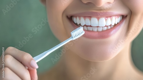 Smiling woman brushing her teeth with a toothbrush, promoting dental hygiene and a radiant smile.