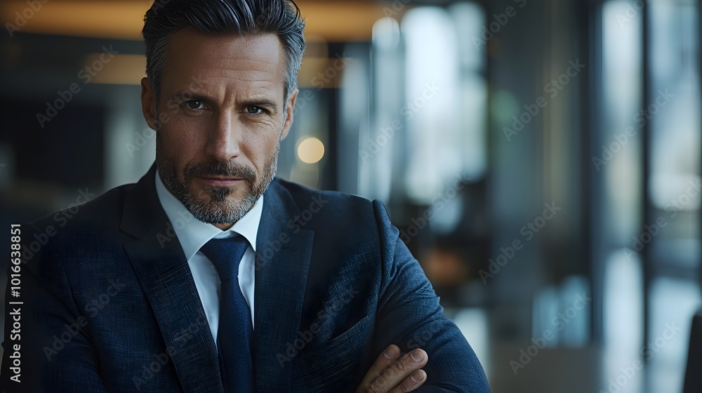 Serious faced Executive in Tailored Suit with Crossed Arms Listening Intently During an Important Business Negotiation or Strategy Meeting Serious faced Executive in Tailored Suit with Crossed Arms Listening Intently During an Important Business Negotiation or Strategy Meeting