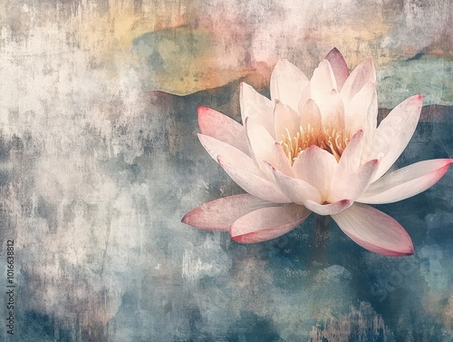 A dreamy abstract lotus, where the petals are painted in soft watercolor hues, fading into a textured, abstract background, evoking a sense of calm and reflection