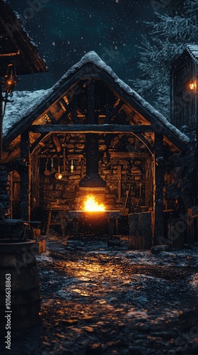 A cozy winter scene showcasing a rustic forge, illuminated by a warm fire under a starry night sky, perfect for artisans and craftsmen.