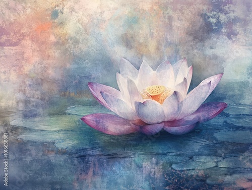 A dreamy abstract lotus, where the petals are painted in soft watercolor hues, fading into a textured, abstract background, evoking a sense of calm and reflection