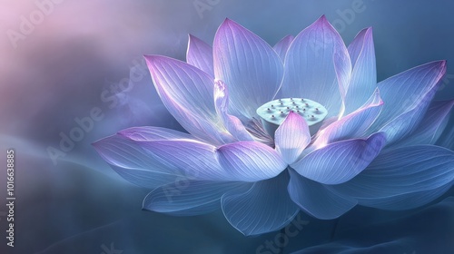 A digital lotus flower with layered, translucent petals, each glowing with a subtle light, set against a gradient background of blues and purples, creating a serene, ethereal effect