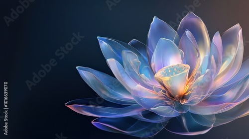 A digital lotus flower with layered, translucent petals, each glowing with a subtle light, set against a gradient background of blues and purples, creating a serene, ethereal effect