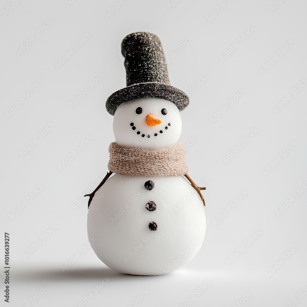 Smiling Snowman Figurine in Top Hat and Scarf on White Background Smiling Snowman Figurine in Top Hat and Scarf on White Background