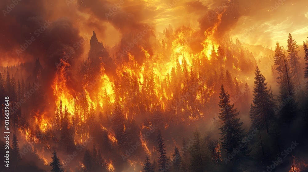 A high-resolution close-up of bright orange flames engulfing a dense forest, with thick smoke billowing into the sky, capturing the intensity and chaos of a wildfire A high-resolution close-up of bright orange flames engulfing a dense forest, with thick smoke billowing into the sky, capturing the intensity and chaos of a wildfire