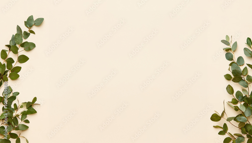 Naklejka premium Green leaves arranged on a soft beige background, minimalistic and calming design.