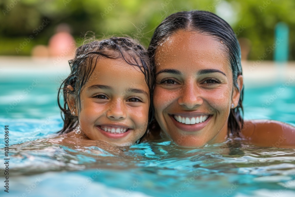 A mother and her young child enjoying time together in a swimming pool. A mother and her young child enjoying time together in a swimming pool.