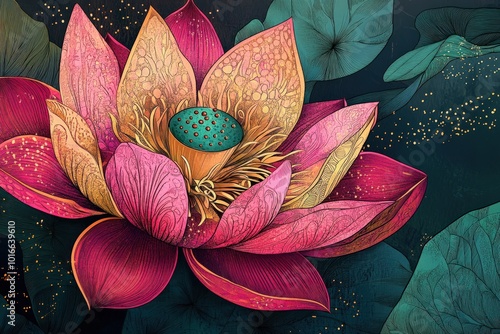 A detailed digital lotus illustration with intricate patterns inside each petal, using bright, vibrant colors like pink, gold, and green, blending traditional art with a modern twist