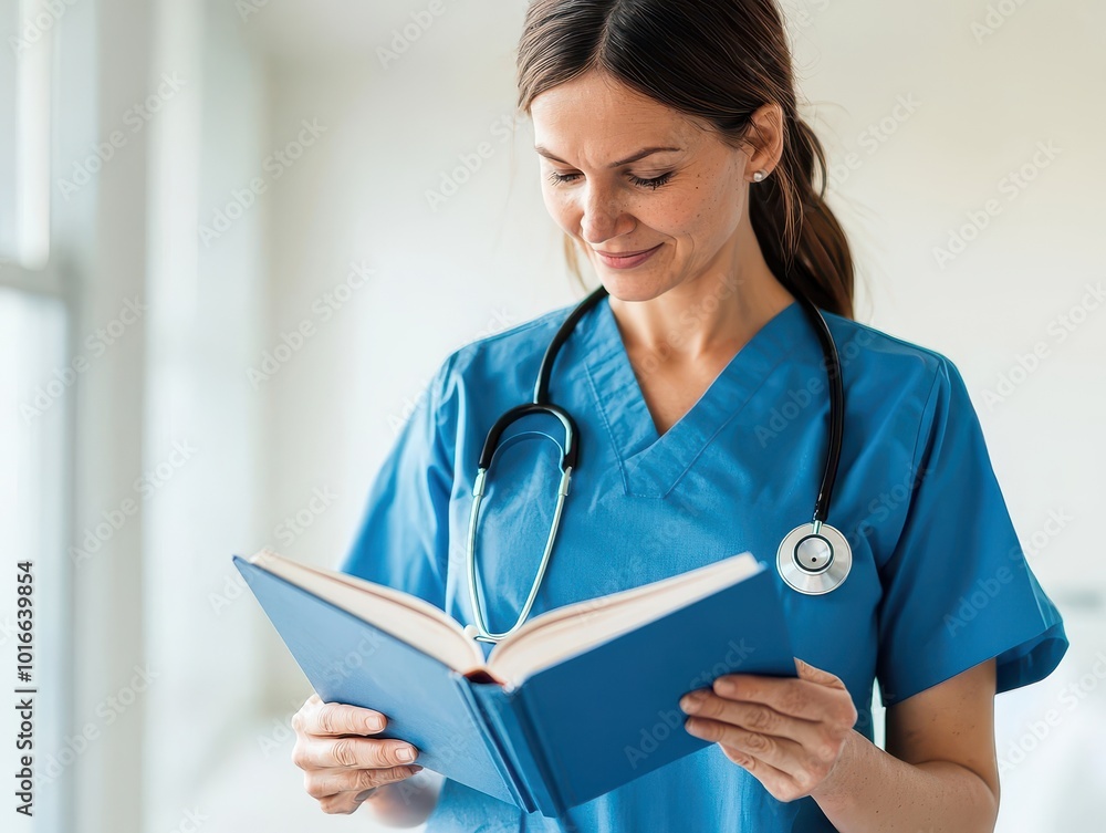 Healthcare professional reading a book, wearing medical scrubs and a stethoscope, soft natural light. Healthcare professional reading a book, wearing medical scrubs and a stethoscope, soft natural light.