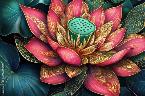 A detailed digital lotus illustration with intricate patterns inside each petal, using bright, vibrant colors like pink, gold, and green, blending traditional art with a modern twist