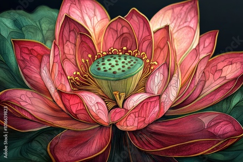 A detailed digital lotus illustration with intricate patterns inside each petal, using bright, vibrant colors like pink, gold, and green, blending traditional art with a modern twist