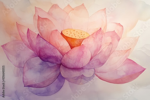 A watercolor-inspired abstract lotus, with soft, flowing gradients of pink and purple, the petals gently fading into the background, symbolizing serenity and beauty