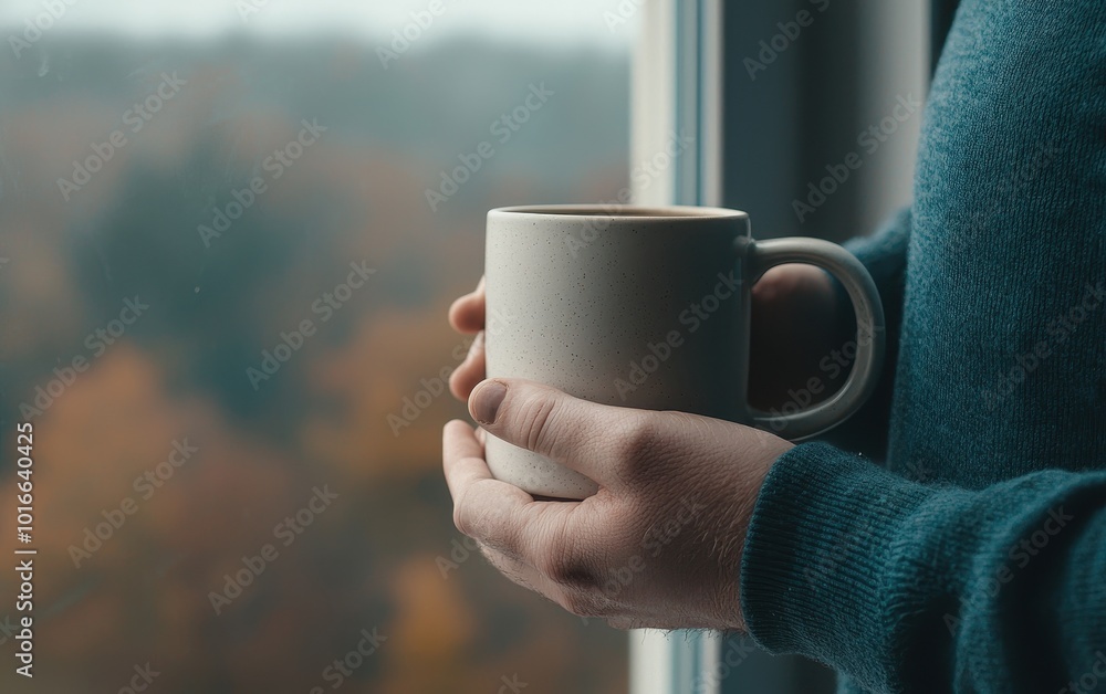 Cozy moment with a warm drink by the window, with beautiful autumn foliage in the background. Cozy moment with a warm drink by the window, with beautiful autumn foliage in the background.