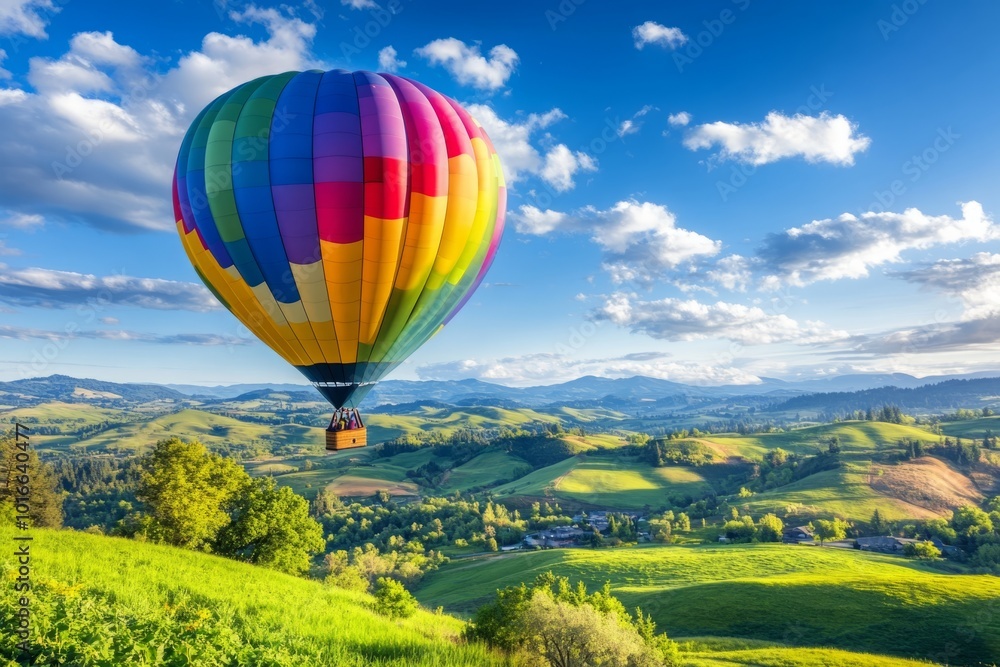 Obraz premium A vibrant hot air balloon soars majestically over Grants Pass, Oregon, on a beautiful summer morning, showcasing the lush landscape of rolling hills under clear blue skies.
