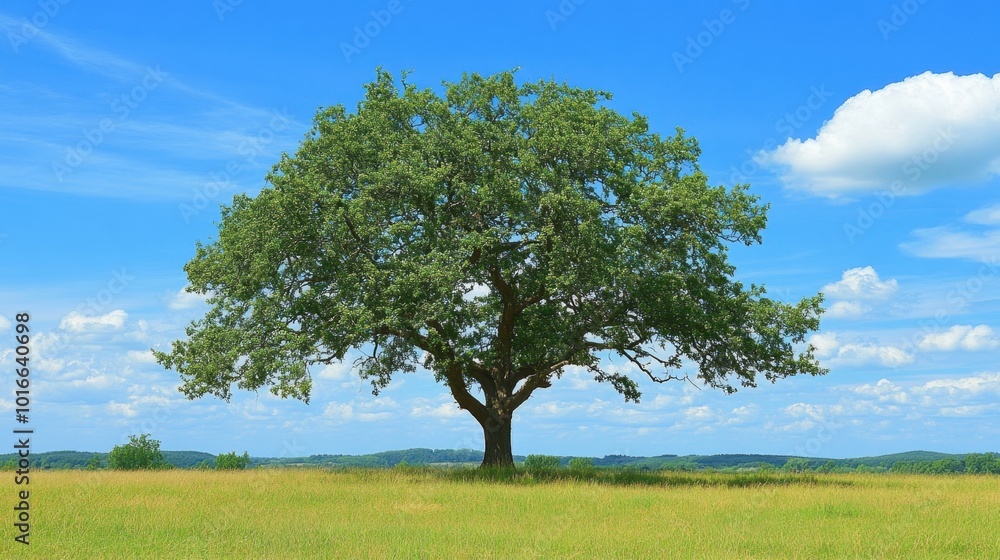 A lone oak tree in the middle of an open field, its wide branches reaching out, showcasing the strength and beauty of nature in isolation A lone oak tree in the middle of an open field, its wide branches reaching out, showcasing the strength and beauty of nature in isolation