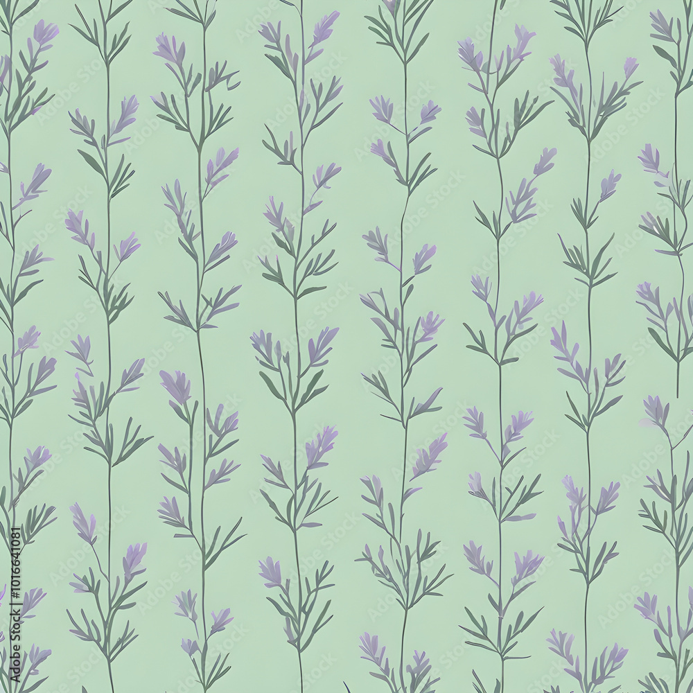 Repeating rows of tiny, minimalist lavender sprigs on a muted mint background, each perfectly spaced for a calm, orderly pattern - Generative AI Repeating rows of tiny, minimalist lavender sprigs on a muted mint background, each perfectly spaced for a calm, orderly pattern - Generative AI