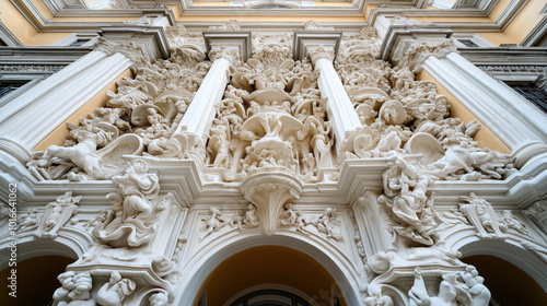 Close-up of an ornate baroque facade featuring intricate sculptures and ornate reliefs with columns and arches, showcasing elaborate detailing and craftsmanship. photo